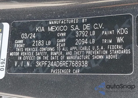 2024 Kia Forte Lxs from USA, damaged, VIN 3KPF24AD6RE768938